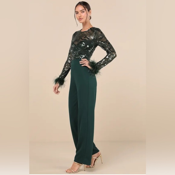 Lulus limitless radiance green sequin feather long sleeve jumpsuit sz S nwot - Picture 4 of 4